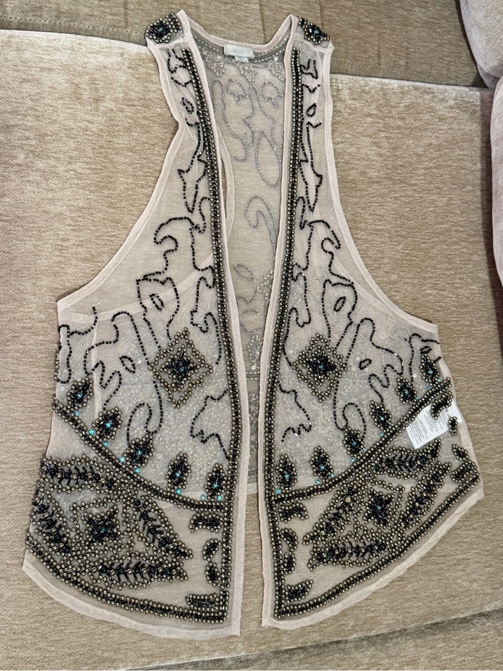 Vintage Ecote Beaded Cream Open-Front Embellished Vest